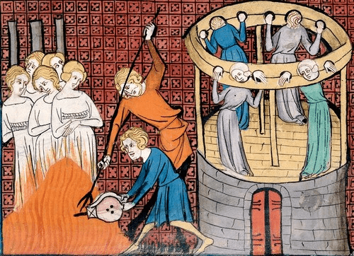Burning witches while others are held in stocks
